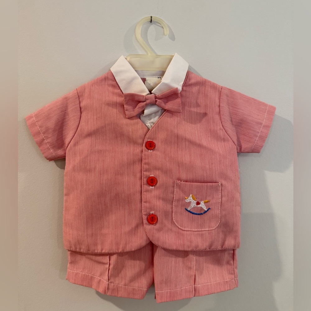 Vintage 80s Baby Boy Outfit Pink Suit Set 12M Bow Tie